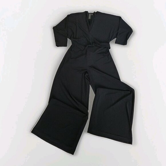 Norma Kamali Jumpsuit Women L / 40 Black Dolman LS Wrap Front Tie Waist Wide Leg - Picture 11 of 16
